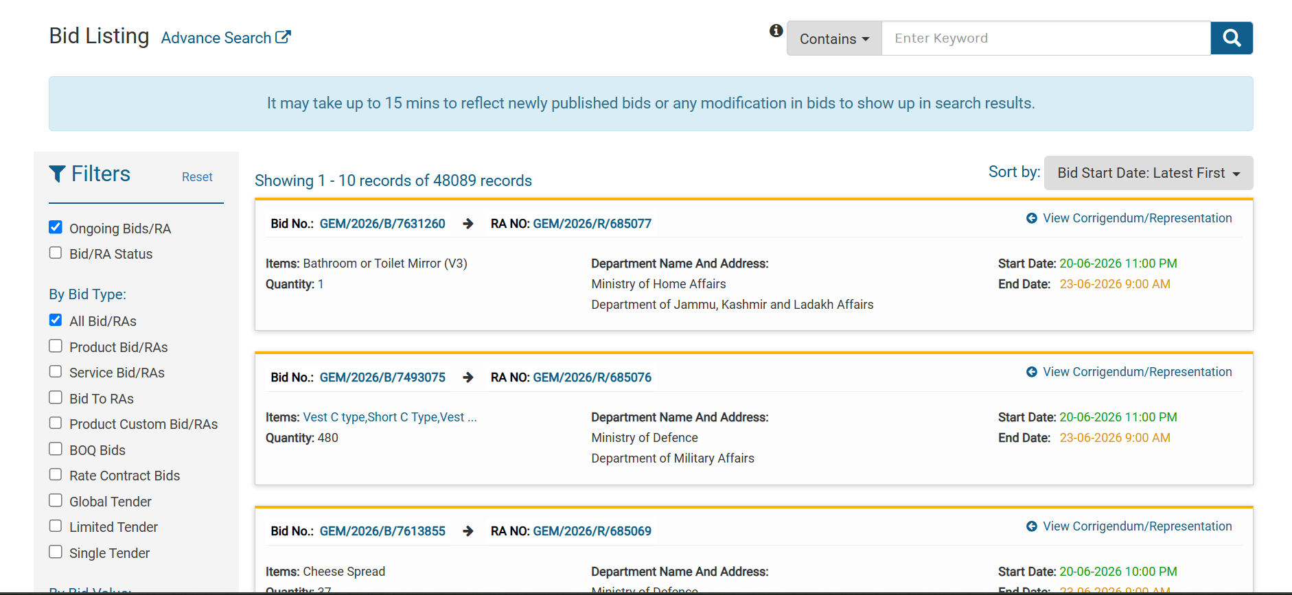 The public GeM bid listing showing live tenders, filterable by category and state