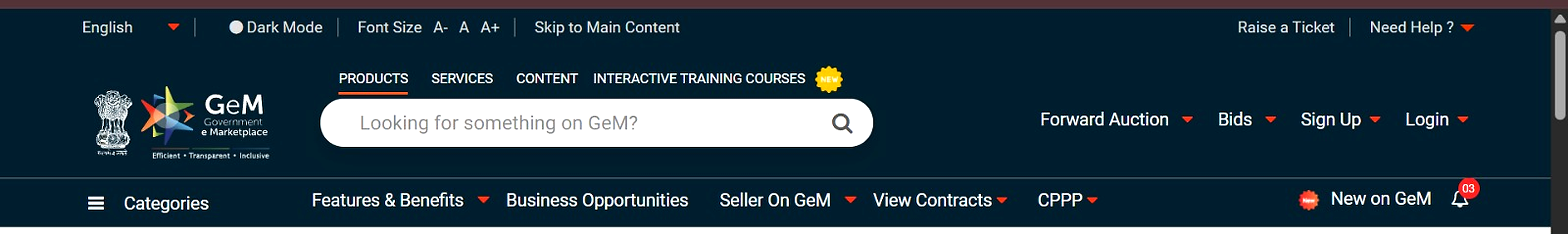 The GeM homepage at gem.gov.in where sellers sign up and browse bids