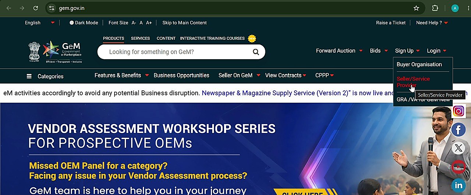 GeM homepage with the Sign Up menu open, showing the Seller/Service Provider option