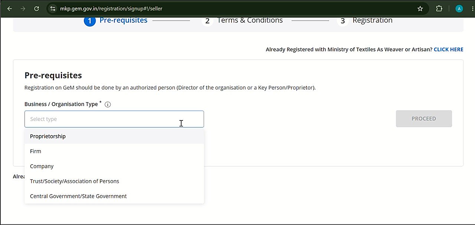 GeM pre-requisites screen with the Business / Organisation Type dropdown open