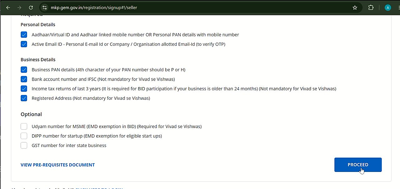 GeM pre-requisites checklist showing required personal and business details