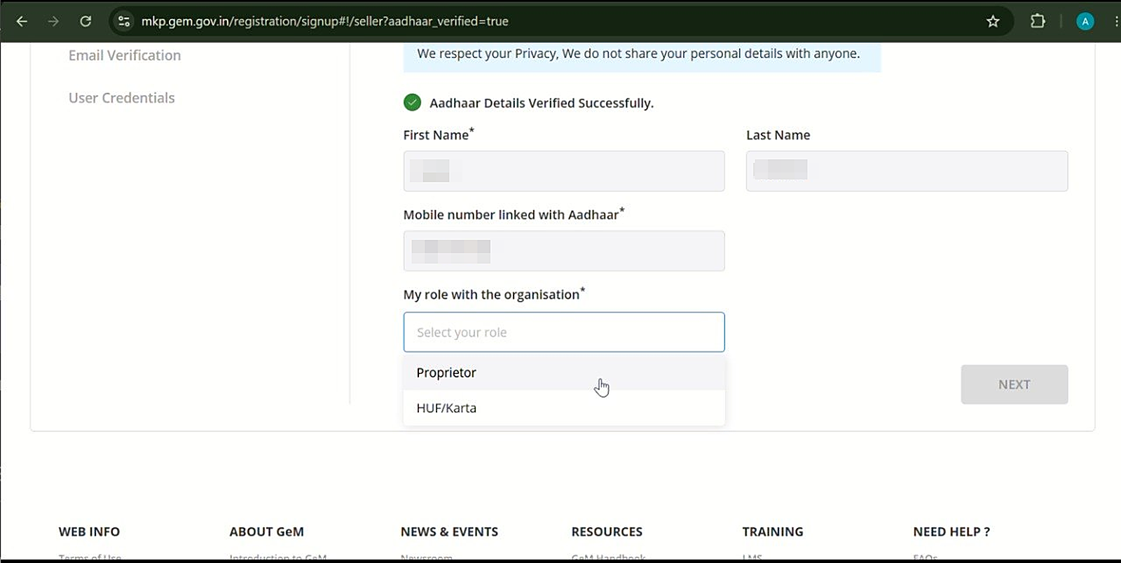 GeM screen after Aadhaar verification, selecting your role with the organisation