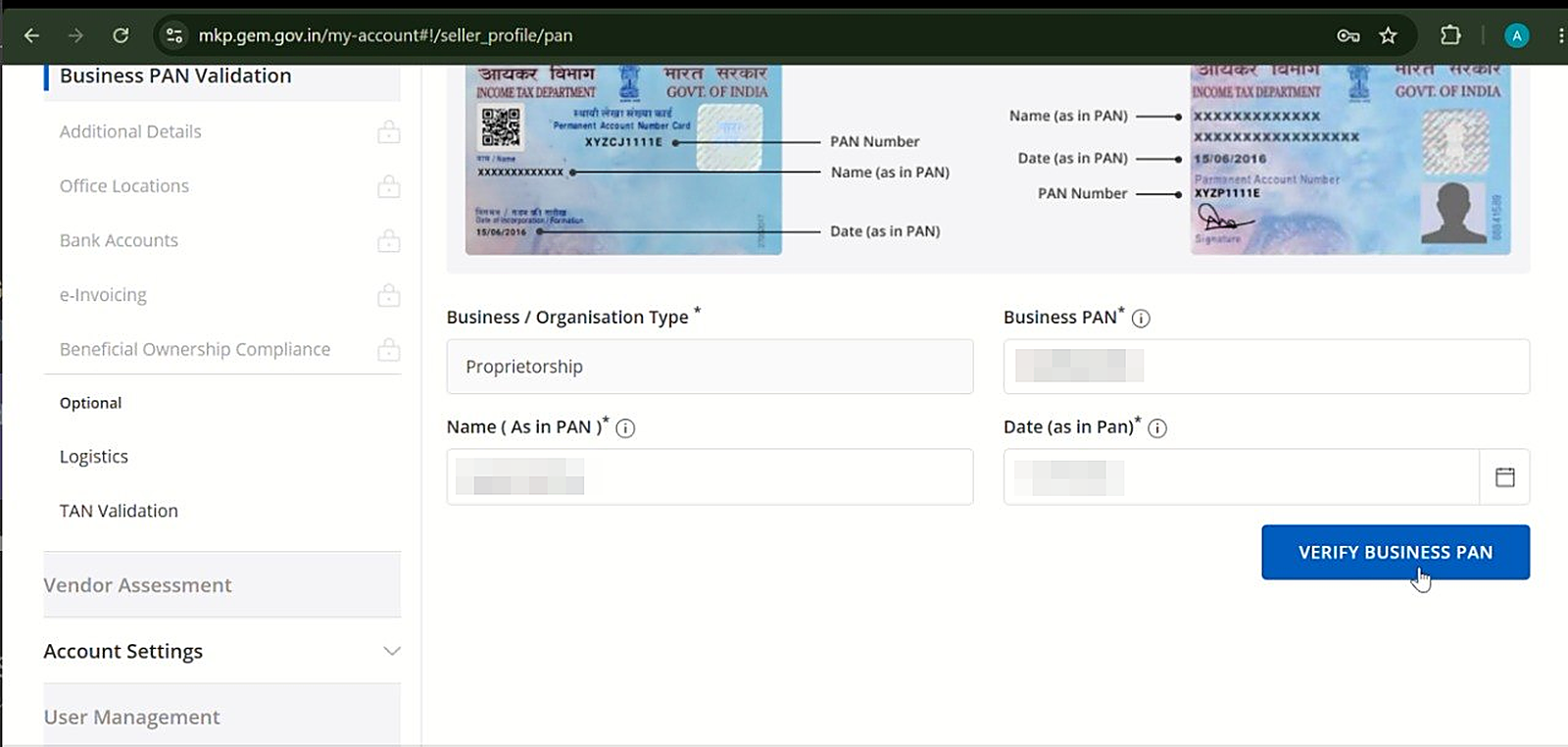 GeM business PAN validation screen with sample PAN card layout