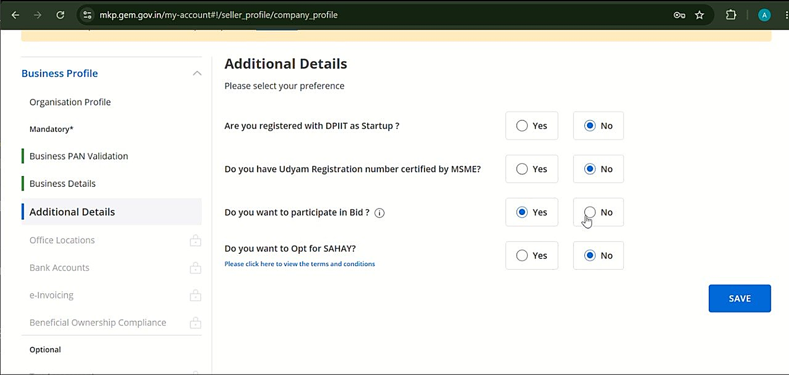 GeM additional details screen with startup, Udyam and bid participation questions