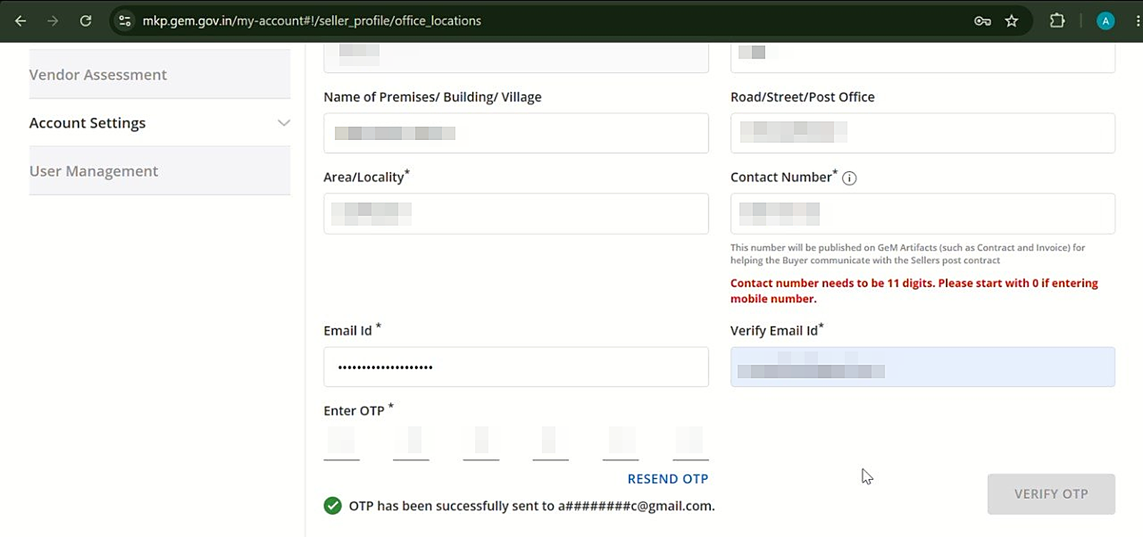 GeM office contact details with email OTP verification