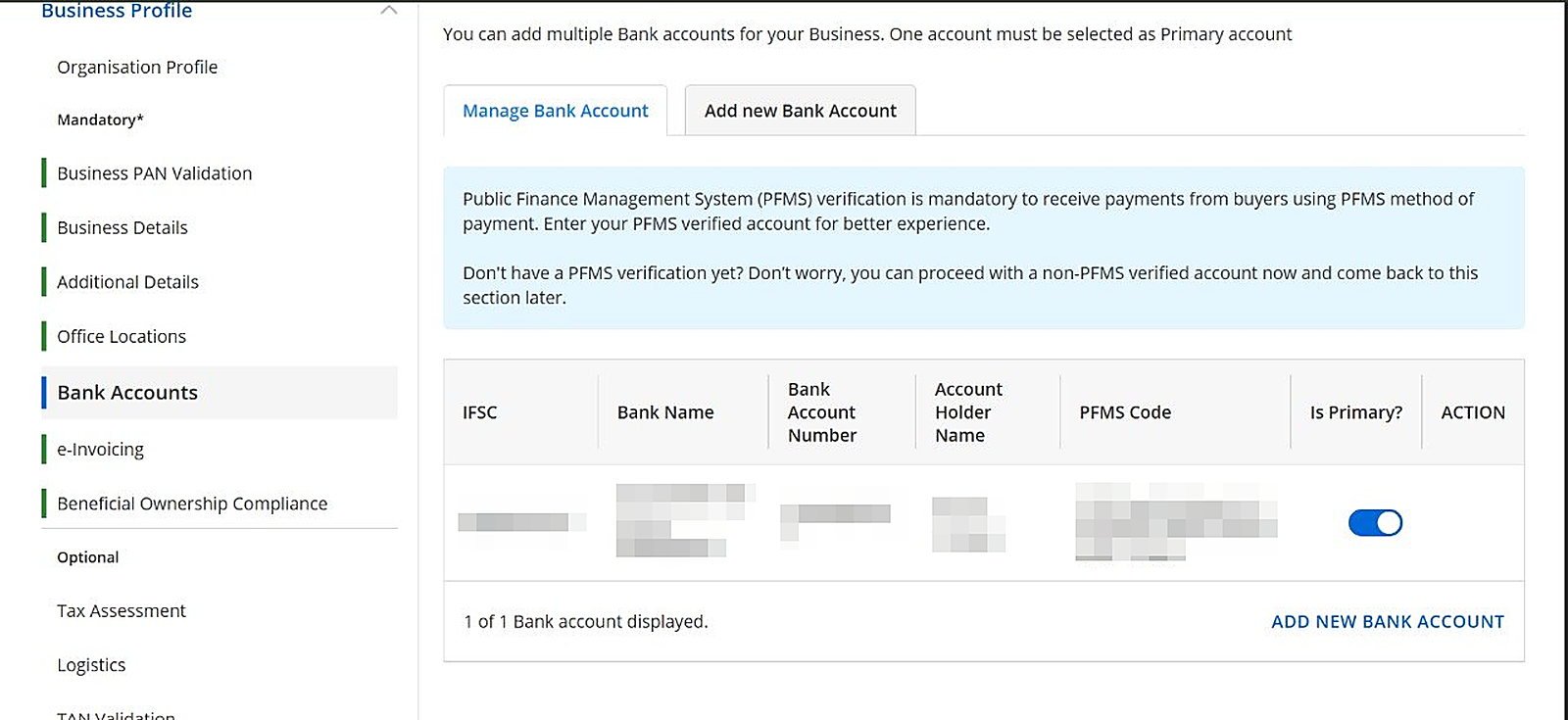 GeM bank accounts screen with PFMS note and account list