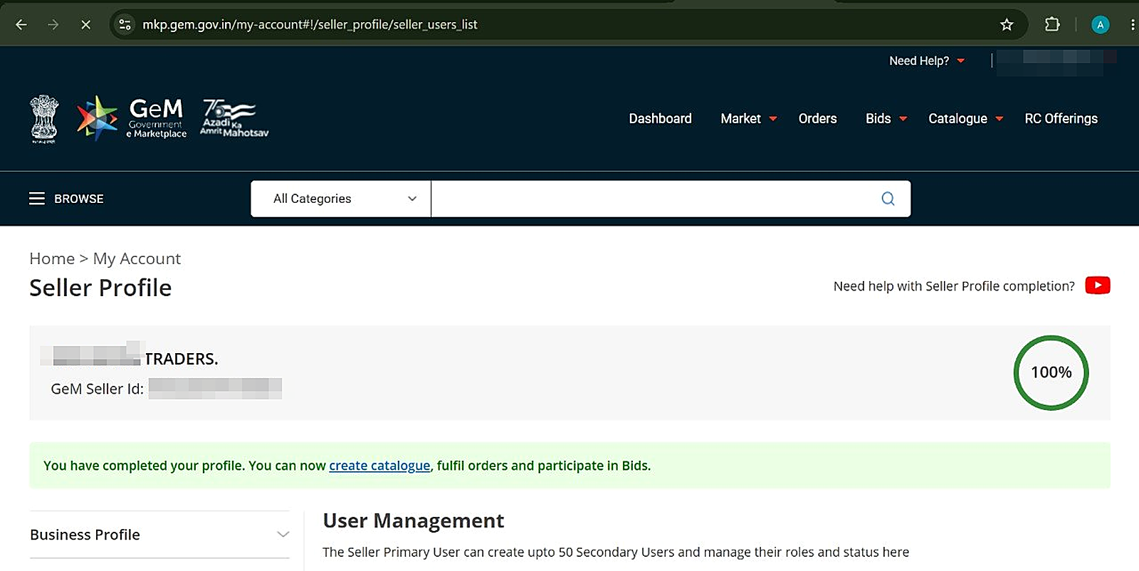 GeM seller profile page showing 100% completion