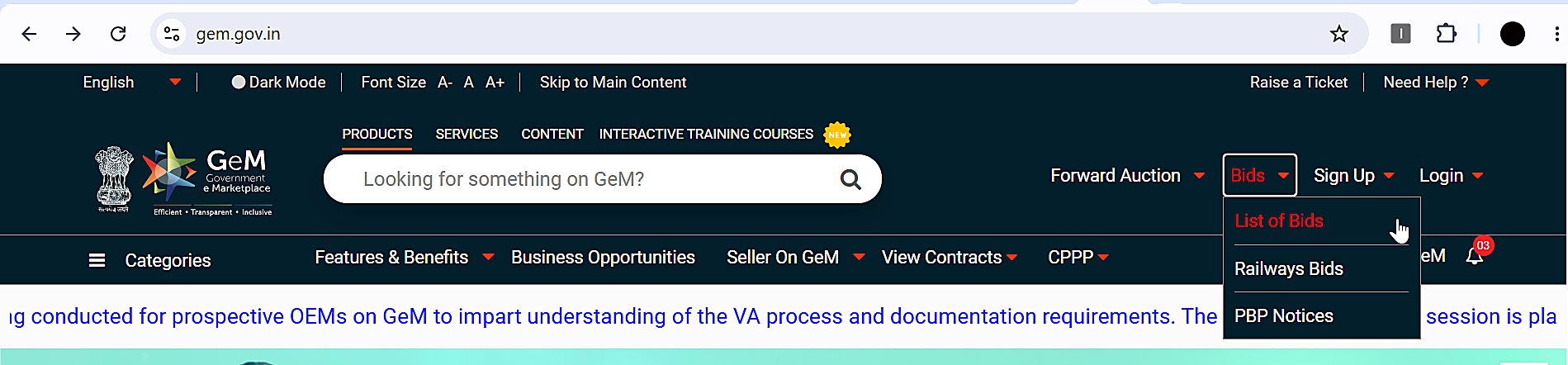 GeM portal Bids menu with the List of Bids option to open the public bid listing