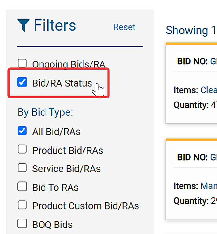 Bid/RA Status filter checkbox on the GeM bid listing page to see awarded bid results