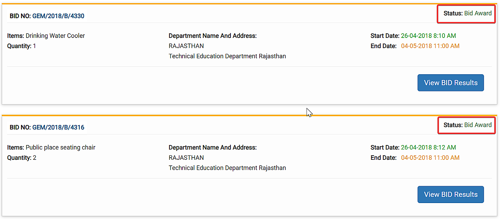 Awarded GeM bids showing Bid Award status with the View BID Results button